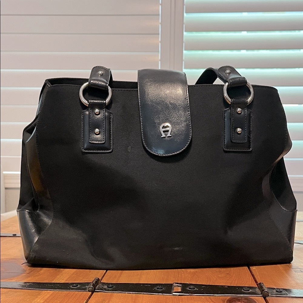 ETIENNE AIGNER VINTAGE LARGE SATCHEL TOTE LEATHER TRIMMED BAG BLACK